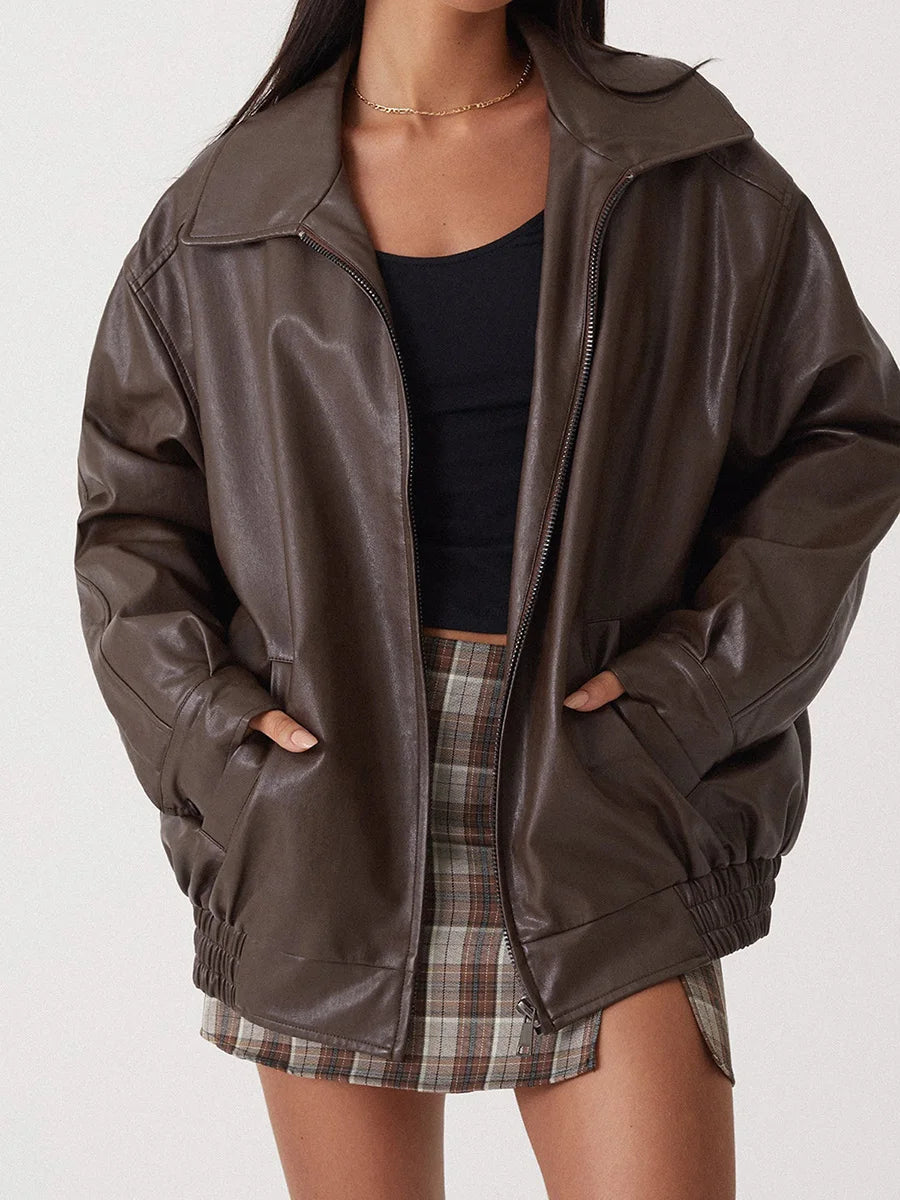 Oversized Leather Bomber Jacket | Women's Jacket