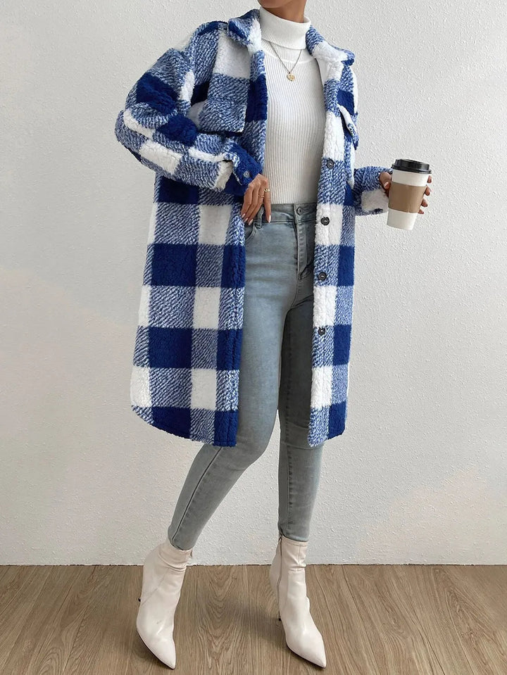 Plaid Teddy Fleece Coat | Women's Winter Long Coat