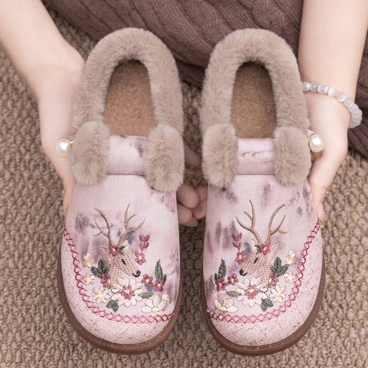 Retro Embroidered Deer Faux Fur Slippers | Cozy Indoor Slippers 0