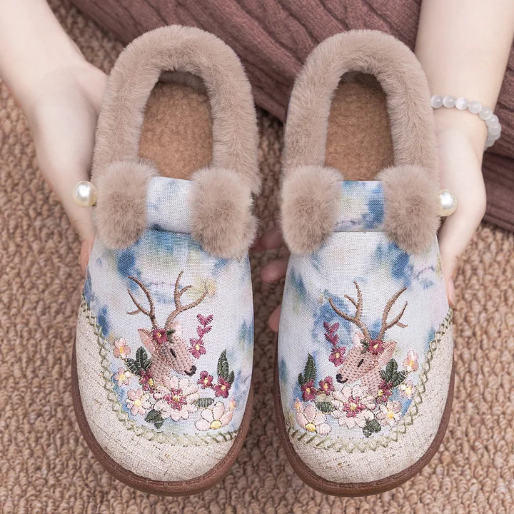 Retro Embroidered Deer Faux Fur Slippers | Cozy Indoor Slippers 2