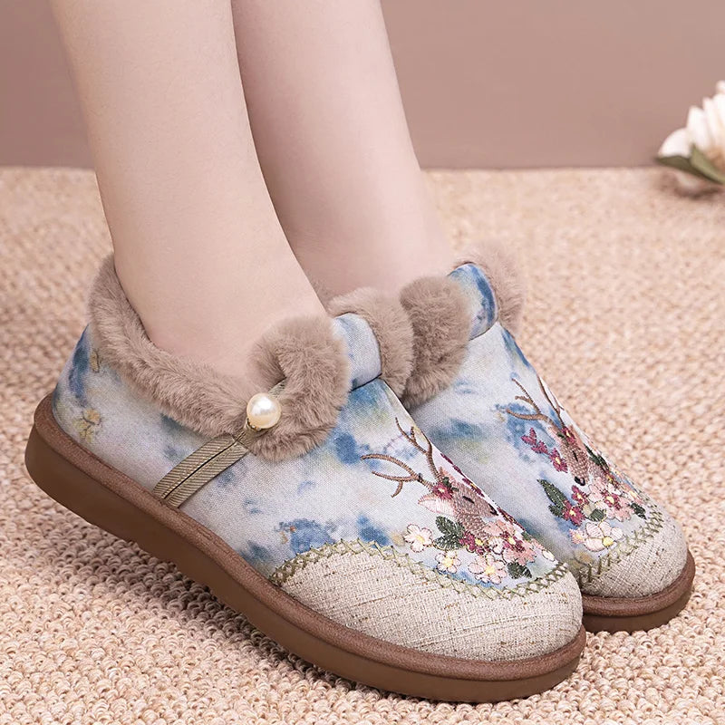 Retro Embroidered Deer Faux Fur Slippers | Cozy Indoor Slippers 3