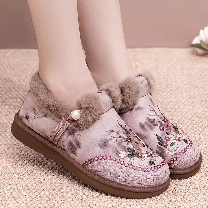 Retro Embroidered Deer Faux Fur Slippers | Cozy Indoor Slippers 4