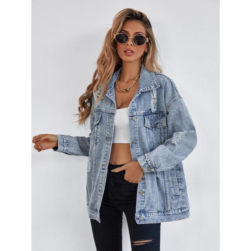 Ripped Fringe Jean Jacket Women | Casual Denim Jacket