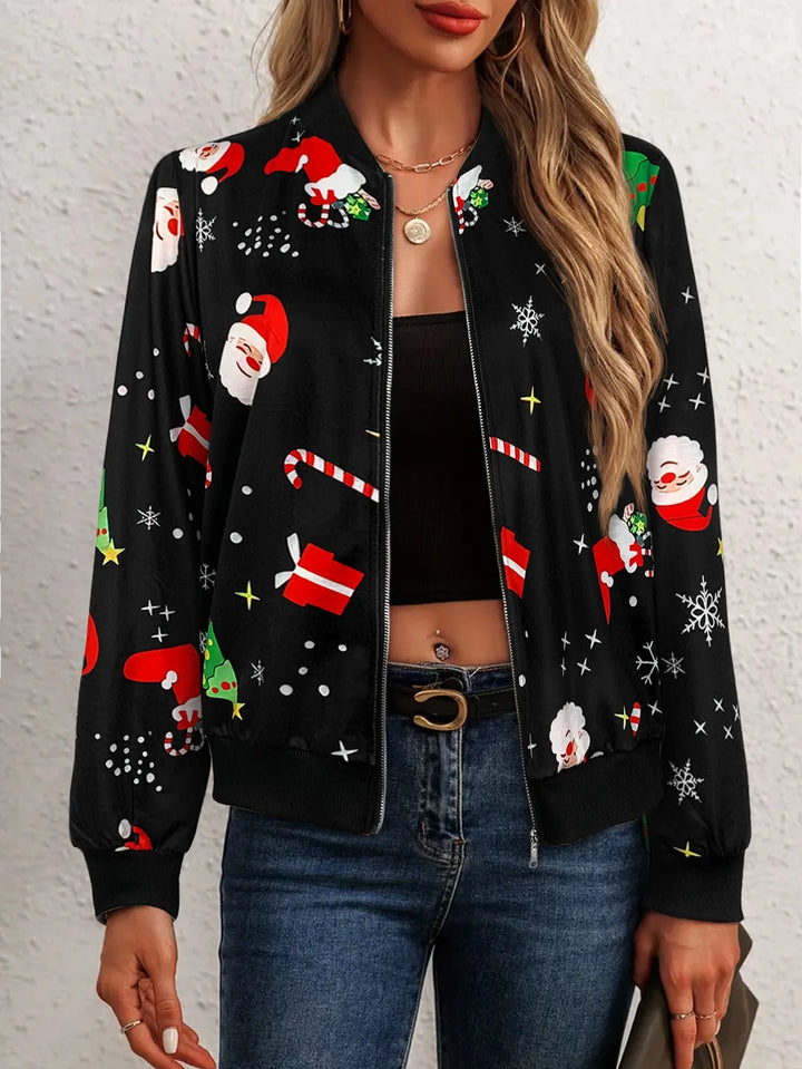 Women’s black Christmas jacket with Santa, candy cane and holiday print