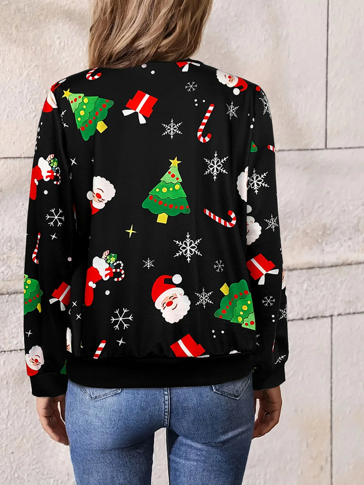 Back view of women’s black Christmas jacket with Santa, gift and tree holiday pattern.
