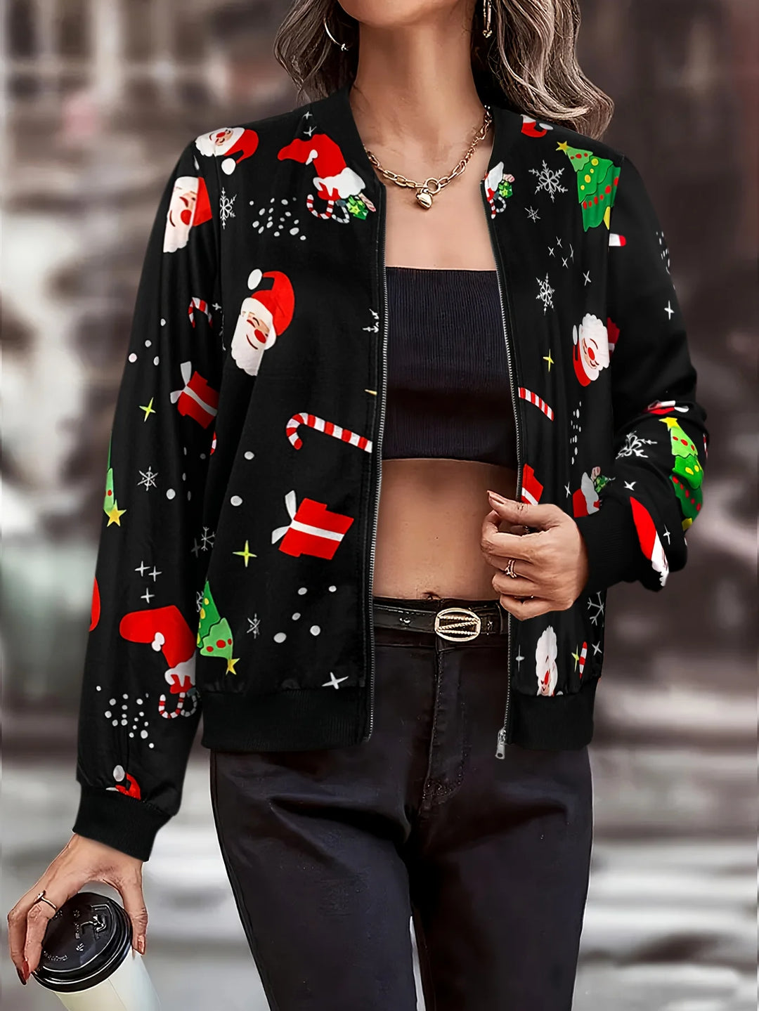 Women’s holiday-print black jacket featuring Santa and festive graphics, front view