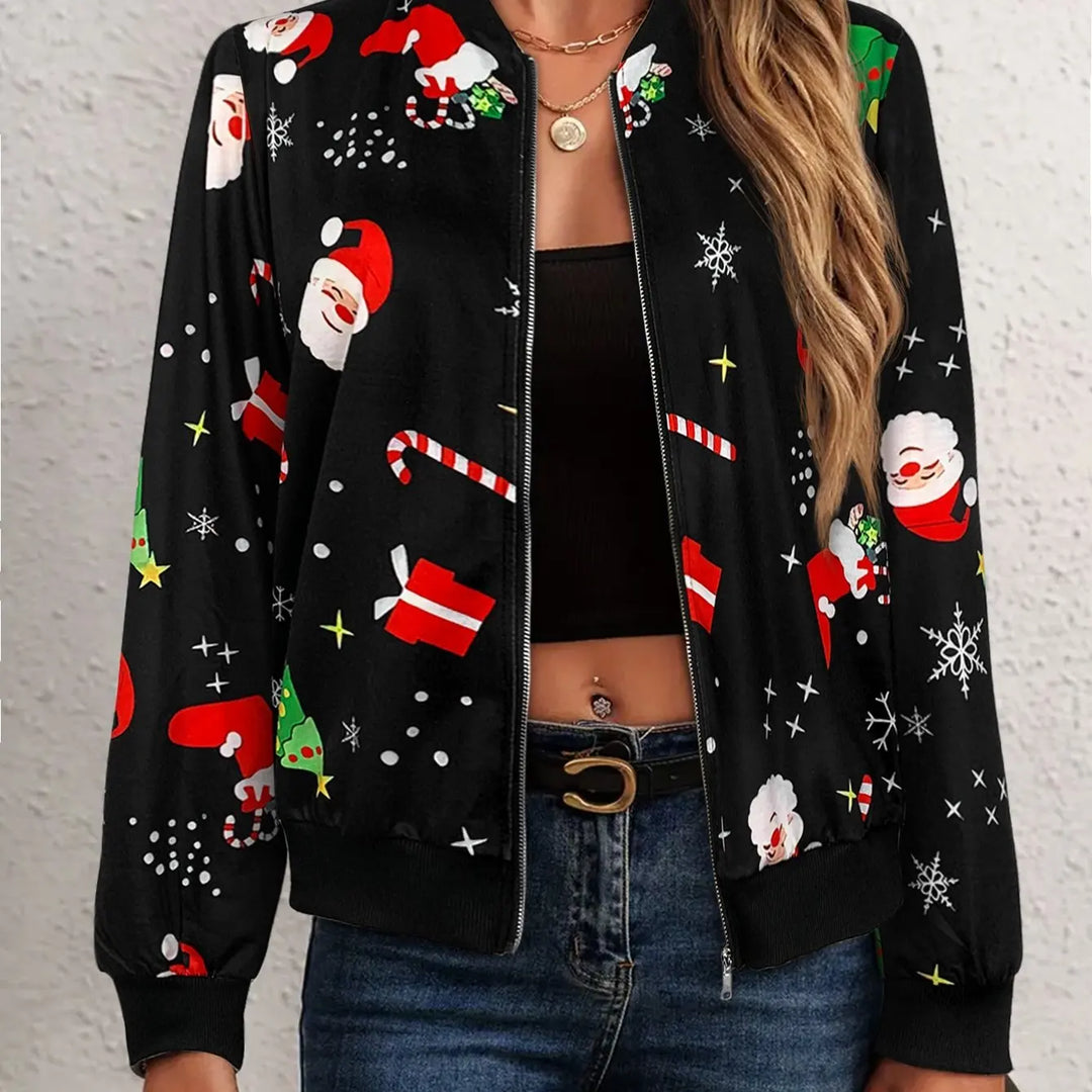 Women’s Christmas-print black jacket with Santa and festive icons, zipped front view.