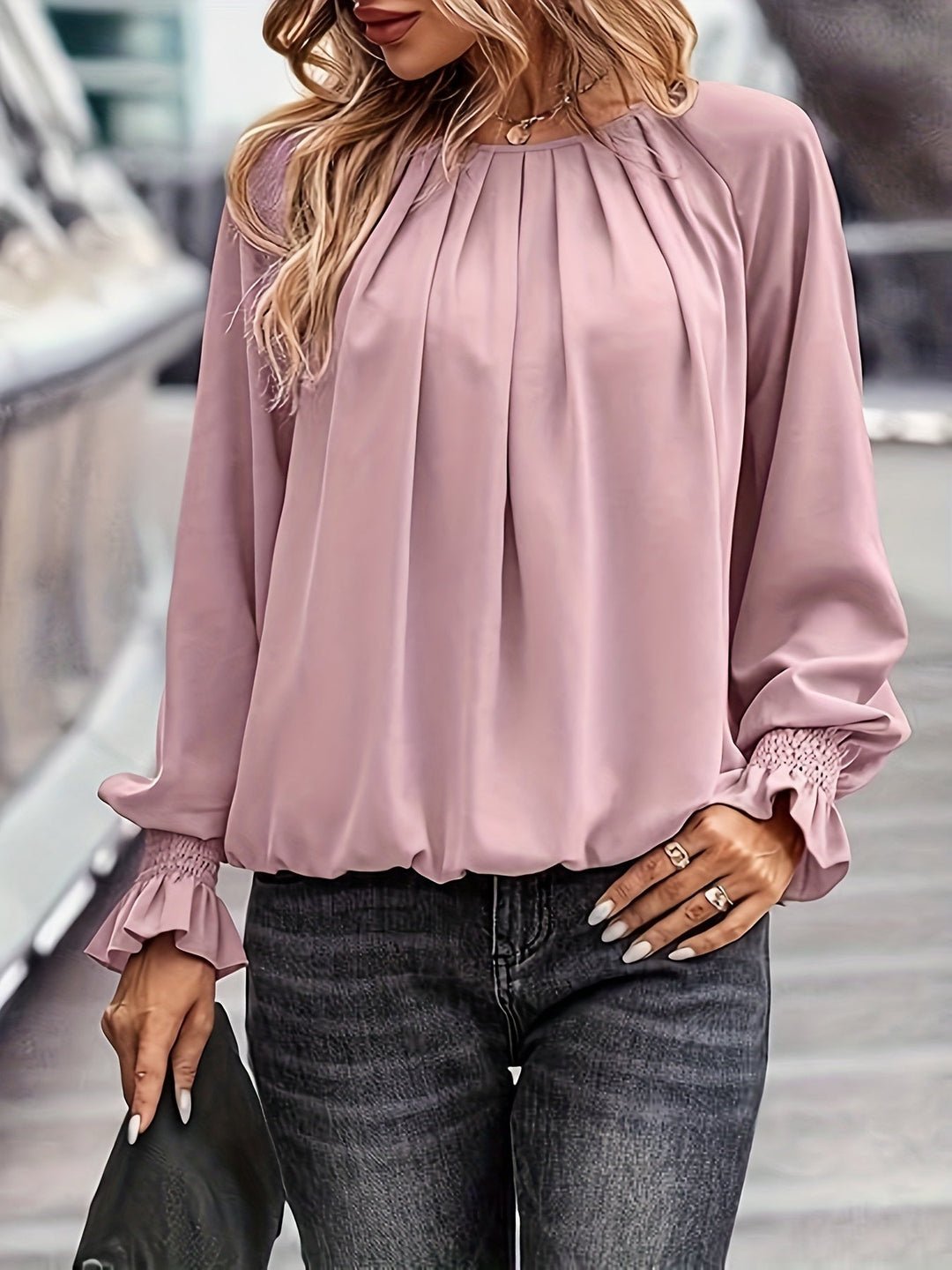 Stacy | Women's Long Sleeve Blouse with Ruched Neckline