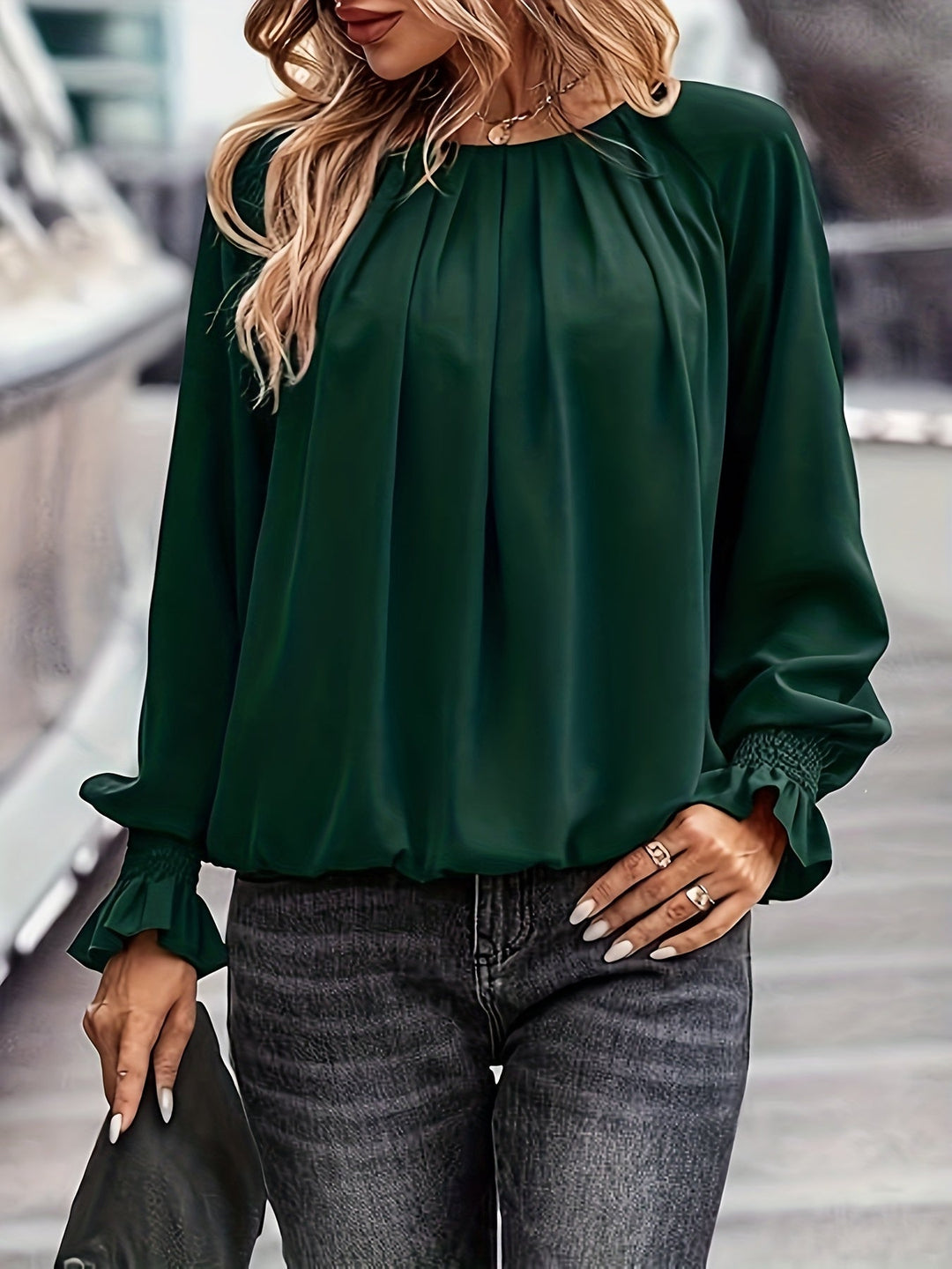 Stacy | Women's Long Sleeve Blouse with Ruched Neckline