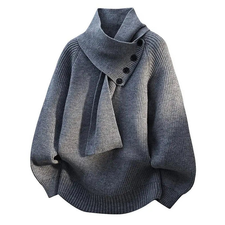 Stylish Casual Sweater with Buttoned Scarf Collar | Women's Sweater 0