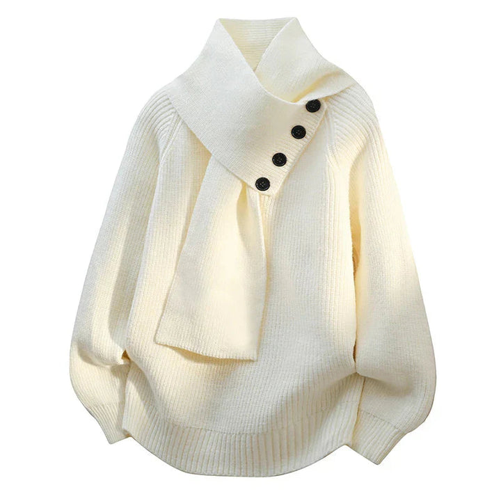 Stylish Casual Sweater with Buttoned Scarf Collar | Women's Sweater 1