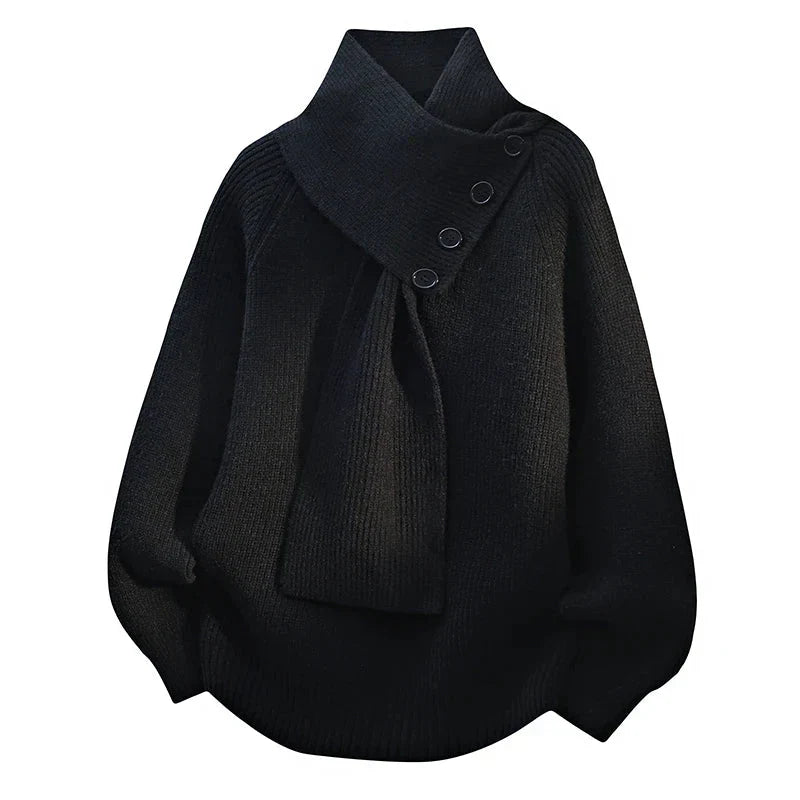 Stylish Casual Sweater with Buttoned Scarf Collar | Women's Sweater 2