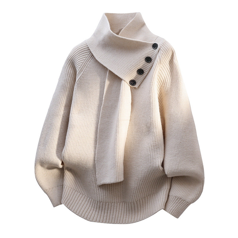 Stylish Casual Sweater with Buttoned Scarf Collar | Women's Sweater 4