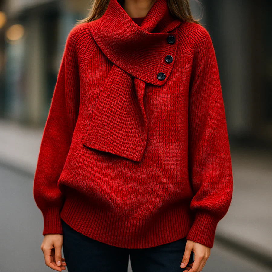 Stylish Casual Sweater with Buttoned Scarf Collar | Women's Sweater 6
