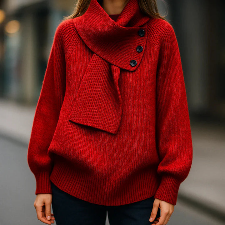 Stylish Casual Sweater with Buttoned Scarf Collar | Women's Sweater 6