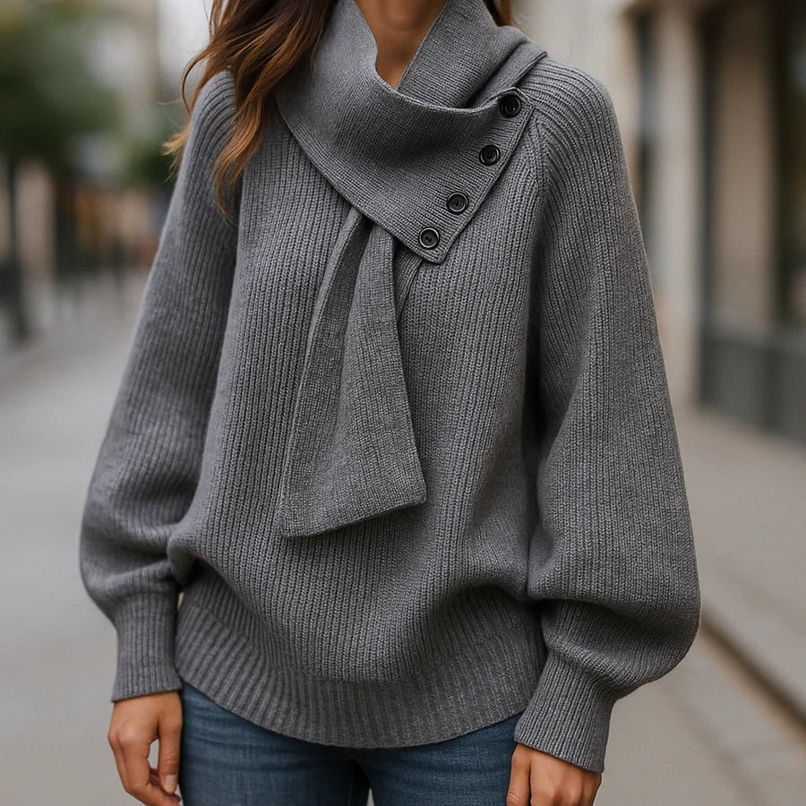 Stylish Casual Sweater with Buttoned Scarf Collar | Women's Sweater 7