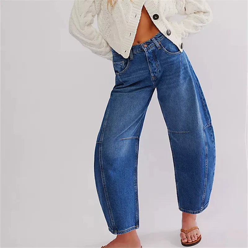 Women's Baggy Jeans with Elastic Cuffs | Casual Denim Pants