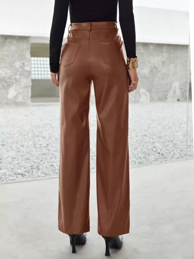 Women's High-Waist Wide Leg Leather Pants | Stylish Full Length