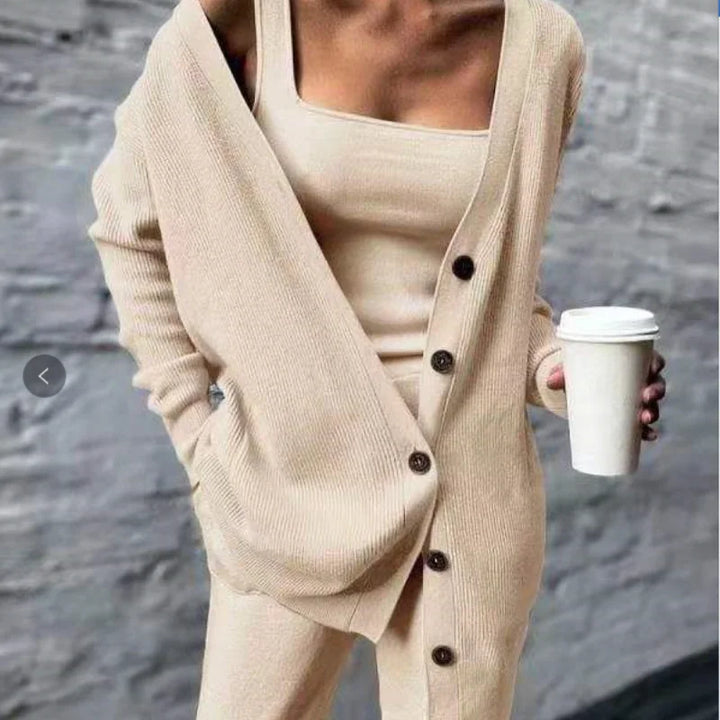 Women's Knitted Loungewear Set | Three-Piece Jacket Vest Pants