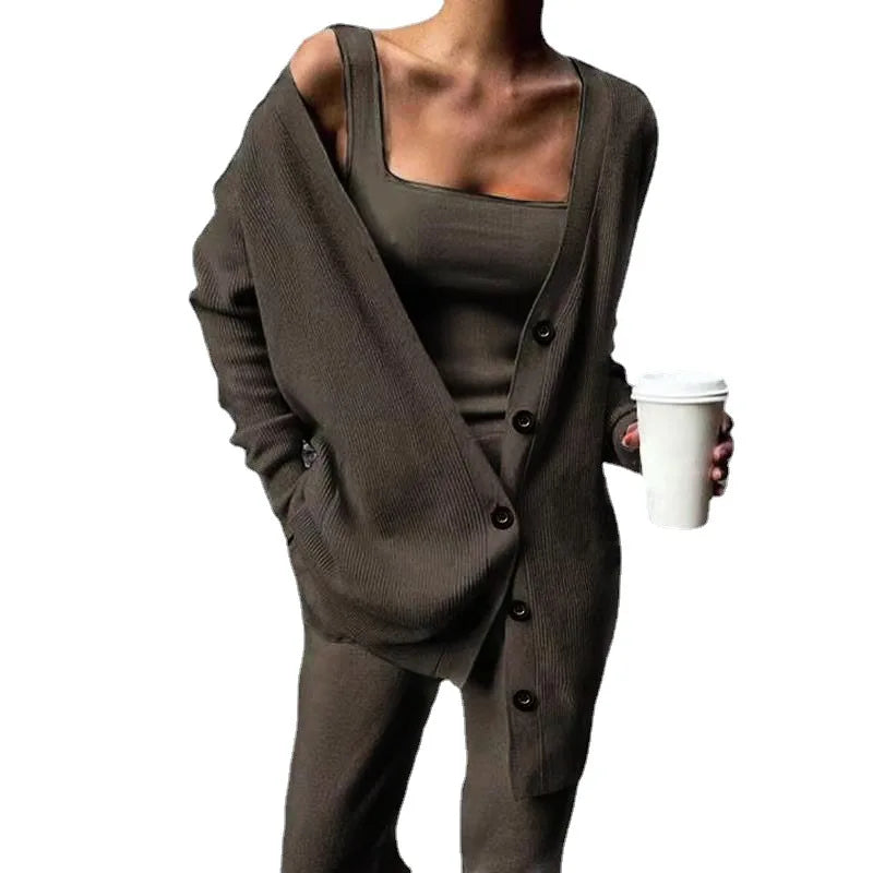 Women's Knitted Loungewear Set | Three-Piece Jacket Vest Pants