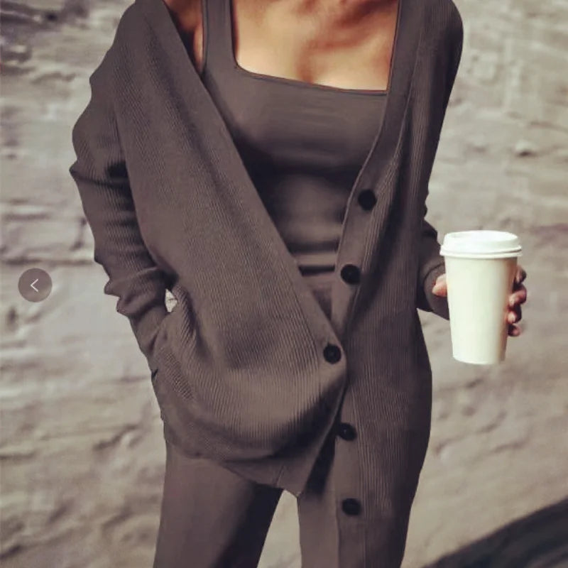 Women's Knitted Loungewear Set | Three-Piece Jacket Vest Pants
