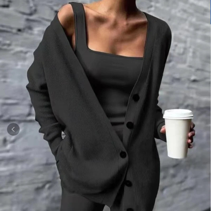 Women's Knitted Loungewear Set | Three-Piece Jacket Vest Pants