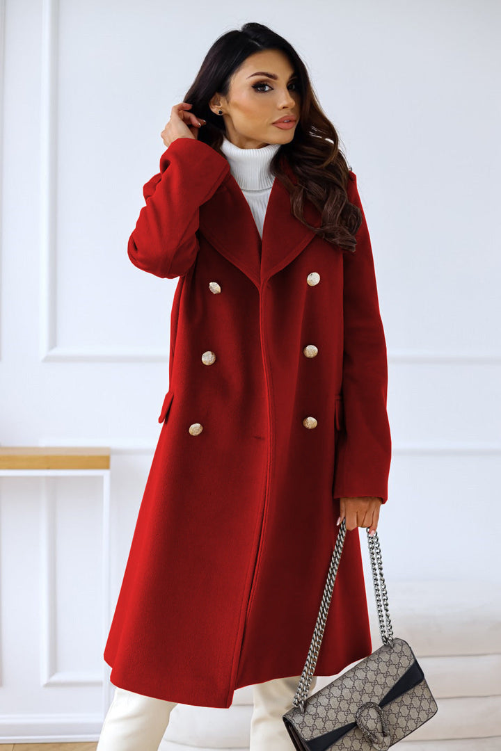 Women's Long Double-Breasted Trench Coat with Gold Buttons | Outerwear