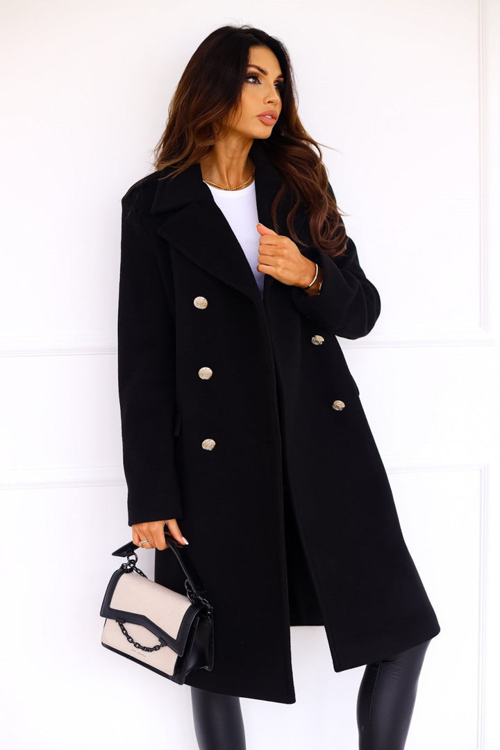 Women's Long Double-Breasted Trench Coat with Gold Buttons | Outerwear