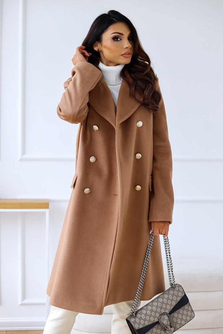 Women's Long Double-Breasted Trench Coat with Gold Buttons | Outerwear