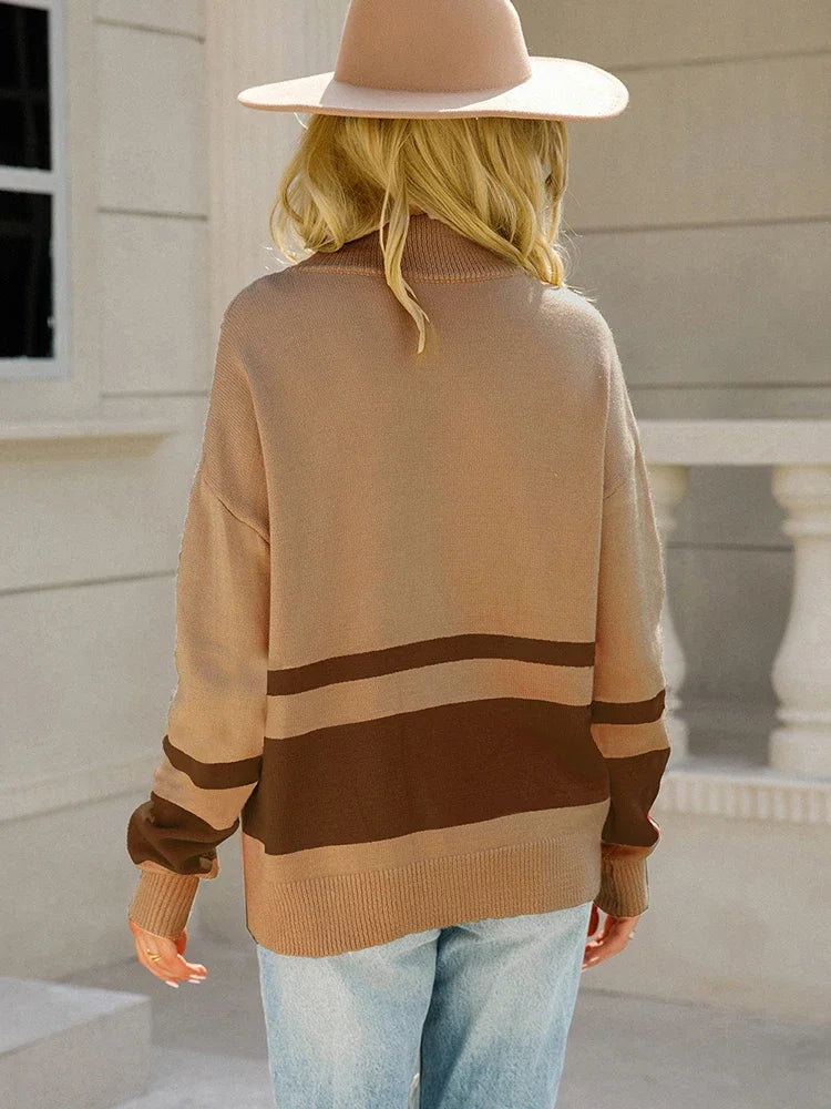 Women's Striped Patchwork Knit Jumper | Casual Zip-Up Sweater