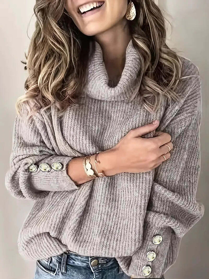 Women's Turtleneck Jumper with Button Sleeves | Sweater