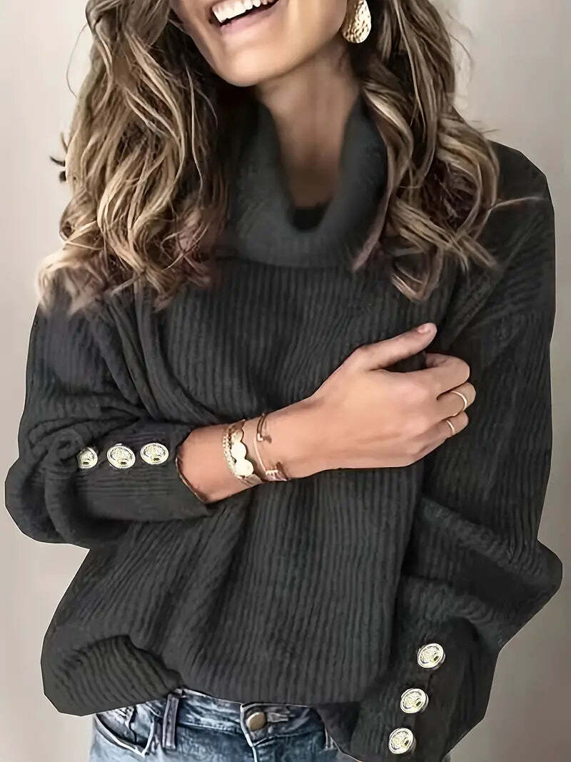 Women's Turtleneck Jumper with Button Sleeves | Sweater